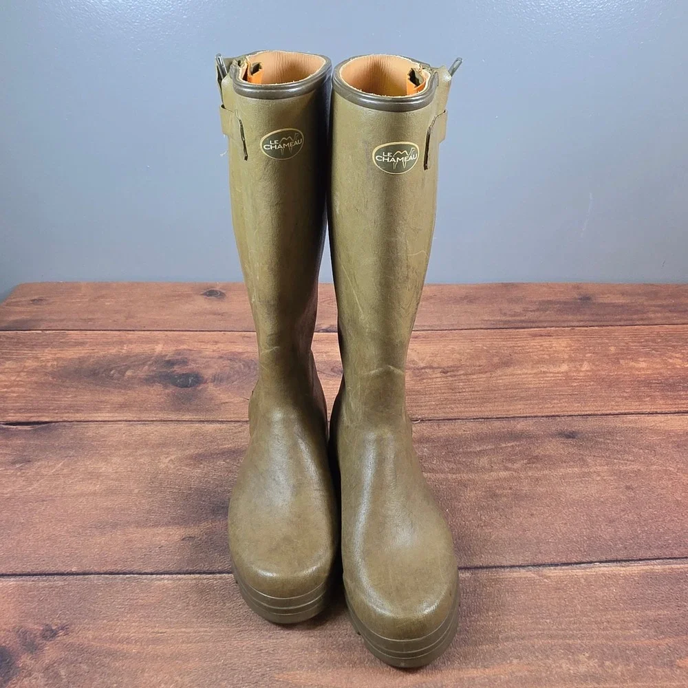 Le Chameau Chasseur Boots Mens 9 Olive Good Leather Lined Zip Rain Bag